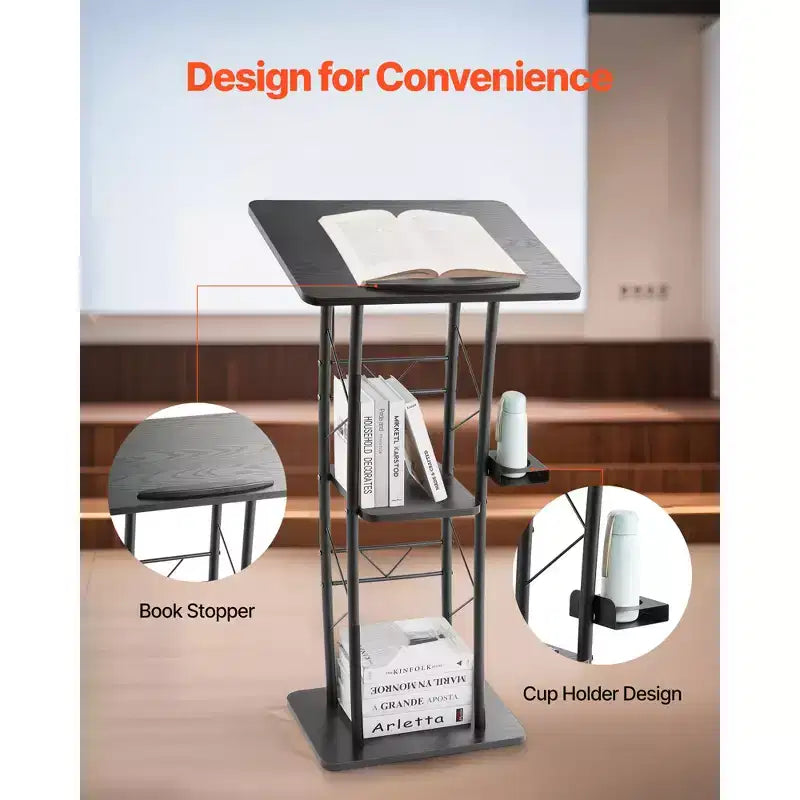 VEVOR Podium Stand, 47-Inch Metal Lectern, Curved Standing Podium with Wide Reading Surface, Open Storage Compartment, Book Stopper, Black