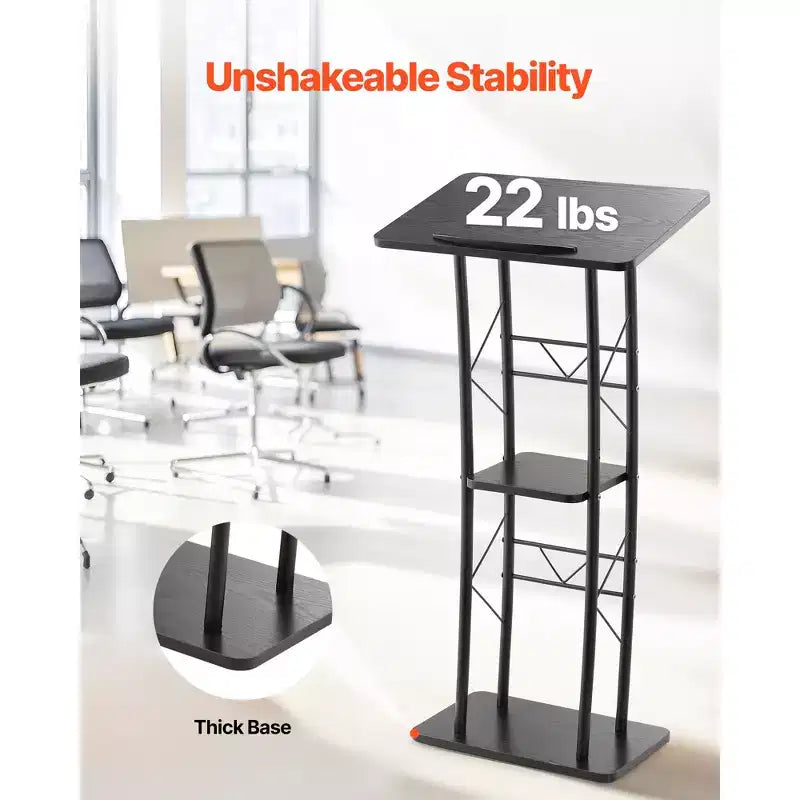 VEVOR Podium Stand, 47-Inch Metal Lectern, Curved Standing Podium with Wide Reading Surface, Open Storage Compartment, Book Stopper, Black