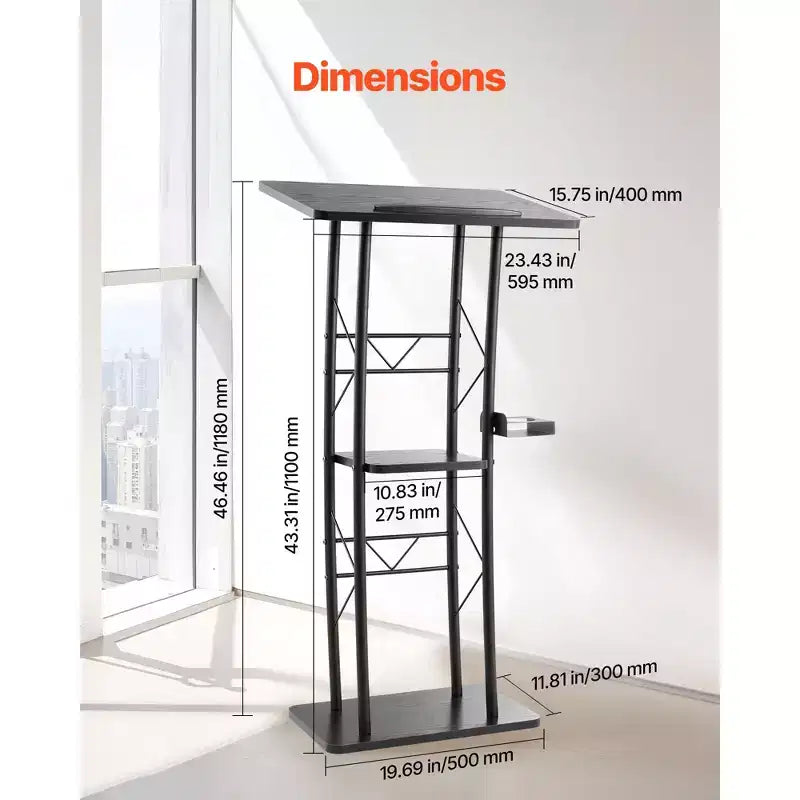 VEVOR Podium Stand, 47-Inch Metal Lectern, Curved Standing Podium with Wide Reading Surface, Open Storage Compartment, Book Stopper, Black