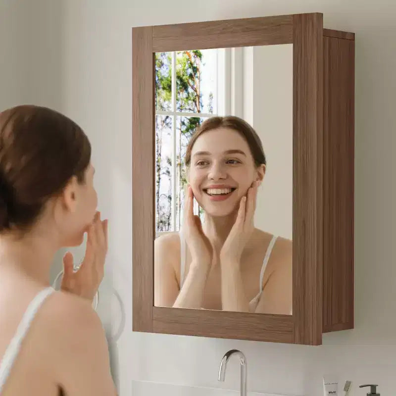 Bathroom Mirror with Storage Cabinet, Wooden Wall Cabinet with Mirror and Adjustable Interior Shelves