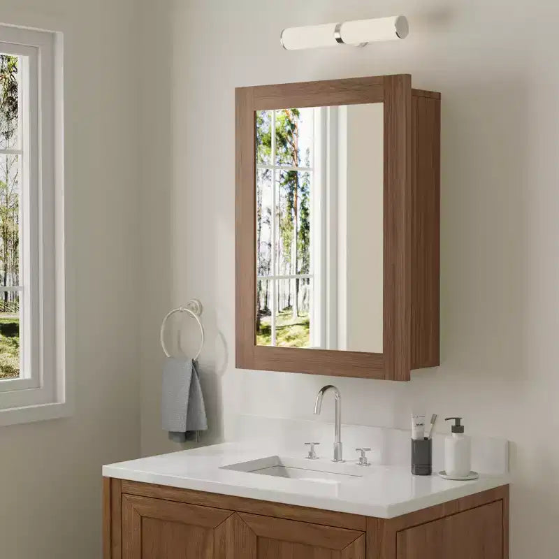 Bathroom Mirror with Storage Cabinet, Wooden Wall Cabinet with Mirror and Adjustable Interior Shelves