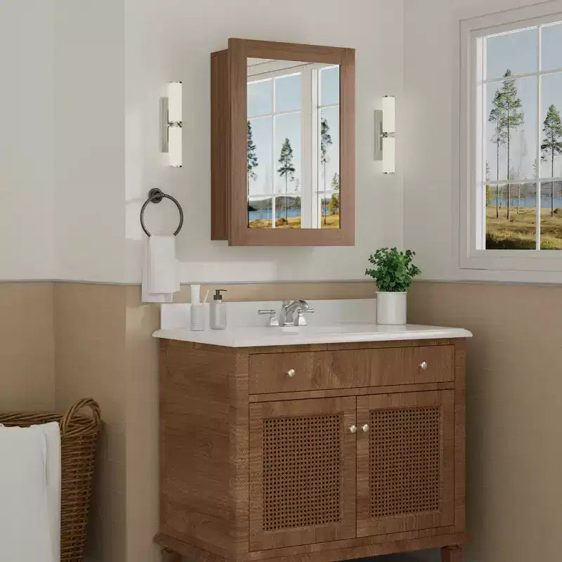 Bathroom Mirror with Storage Cabinet, Wooden Wall Cabinet with Mirror and Adjustable Interior Shelves