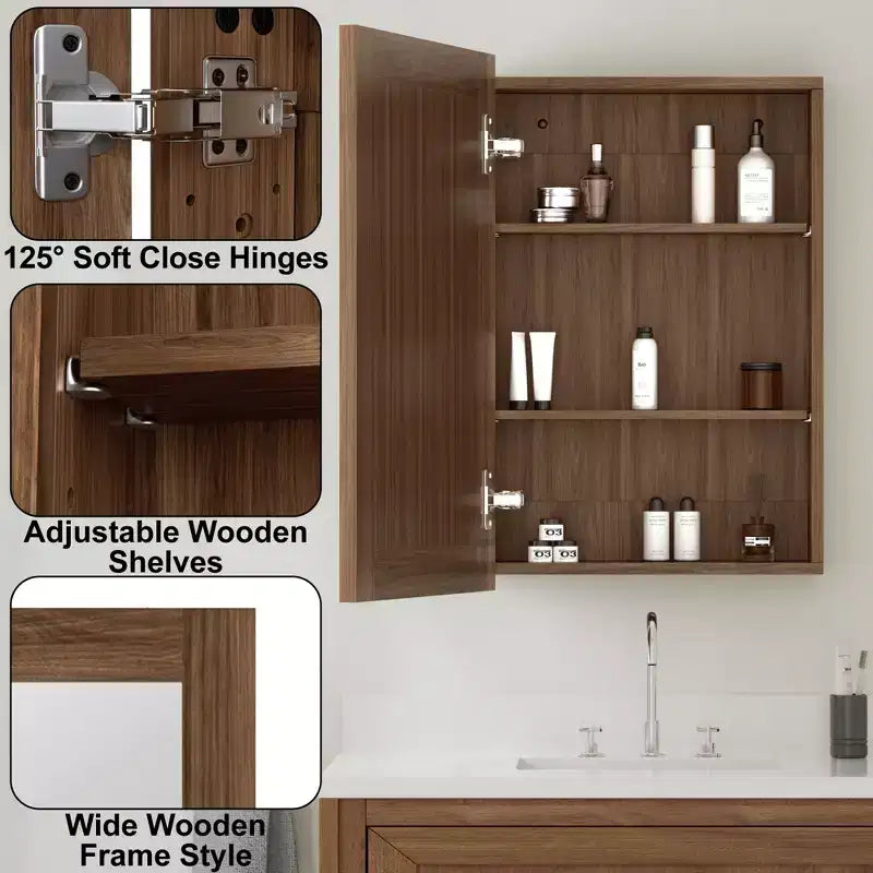 Bathroom Mirror with Storage Cabinet, Wooden Wall Cabinet with Mirror and Adjustable Interior Shelves