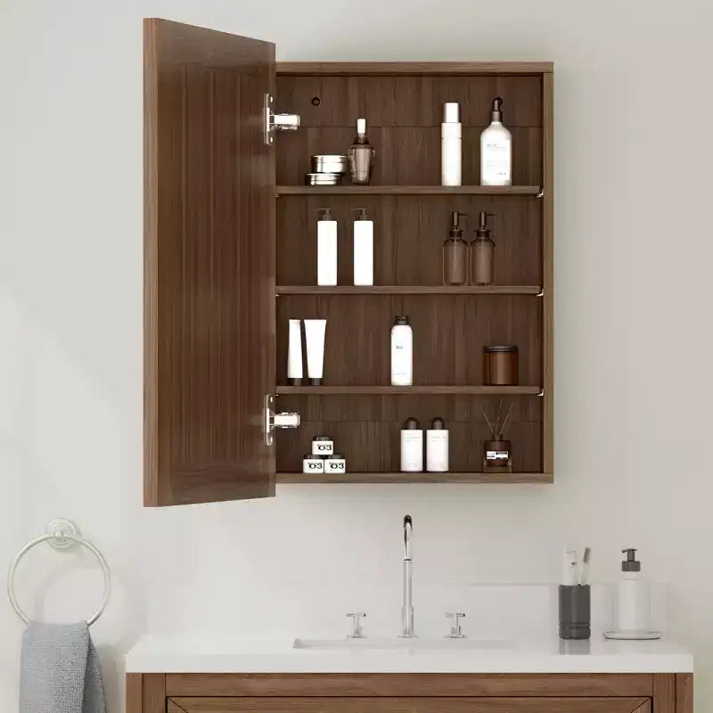 Bathroom Mirror with Storage Cabinet, Wooden Wall Cabinet with Mirror and Adjustable Interior Shelves