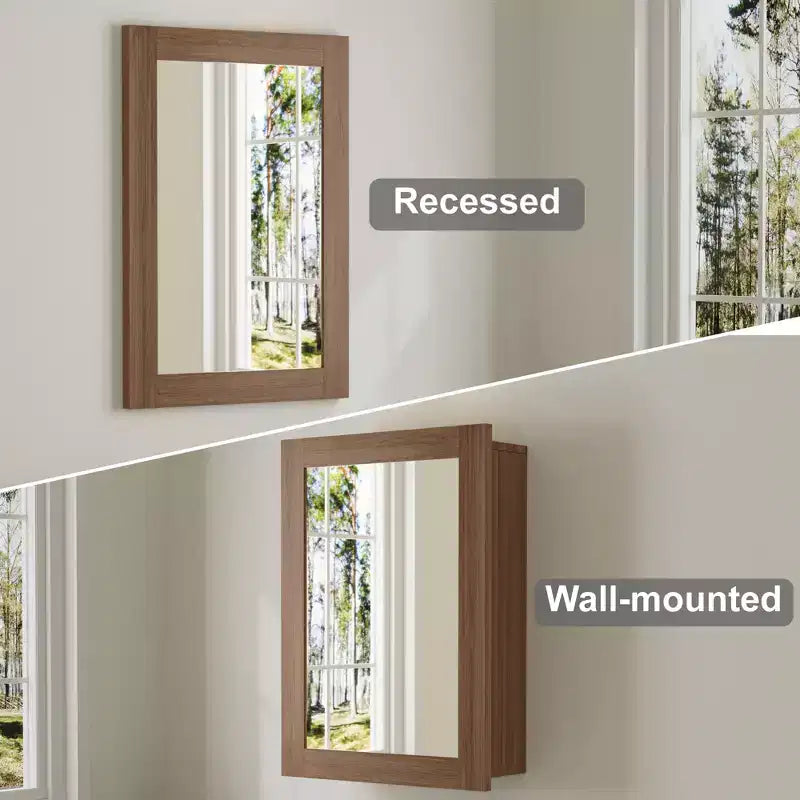 Bathroom Mirror with Storage Cabinet, Wooden Wall Cabinet with Mirror and Adjustable Interior Shelves