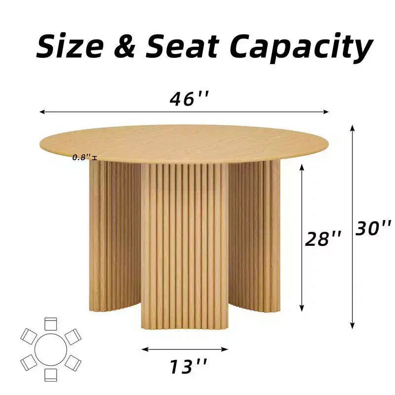 46" Round Dining Table Kitchen Table for 4 with Arc-Shaped Edge Top and Fluted Pedestal Legs, Natural
