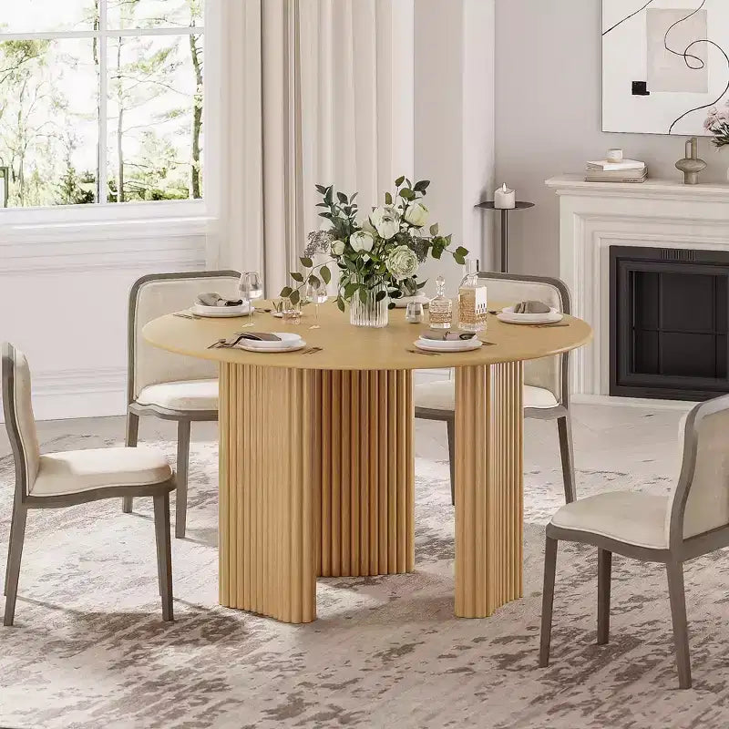 46" Round Dining Table Kitchen Table for 4 with Arc-Shaped Edge Top and Fluted Pedestal Legs, Natural