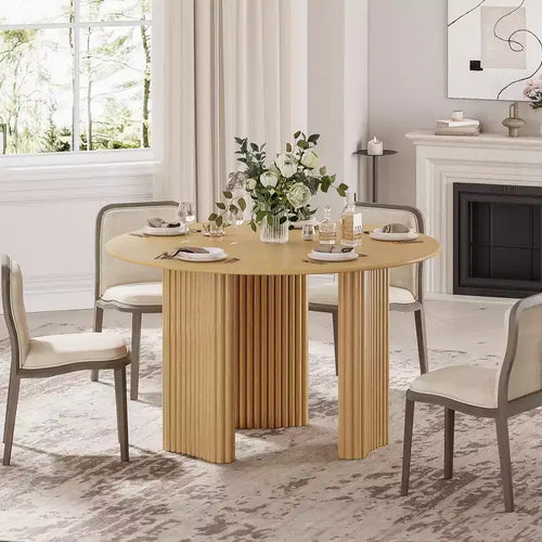 46" Round Dining Table Kitchen Table for 4 with Arc-Shaped Edge Top and Fluted Pedestal Legs, Natural