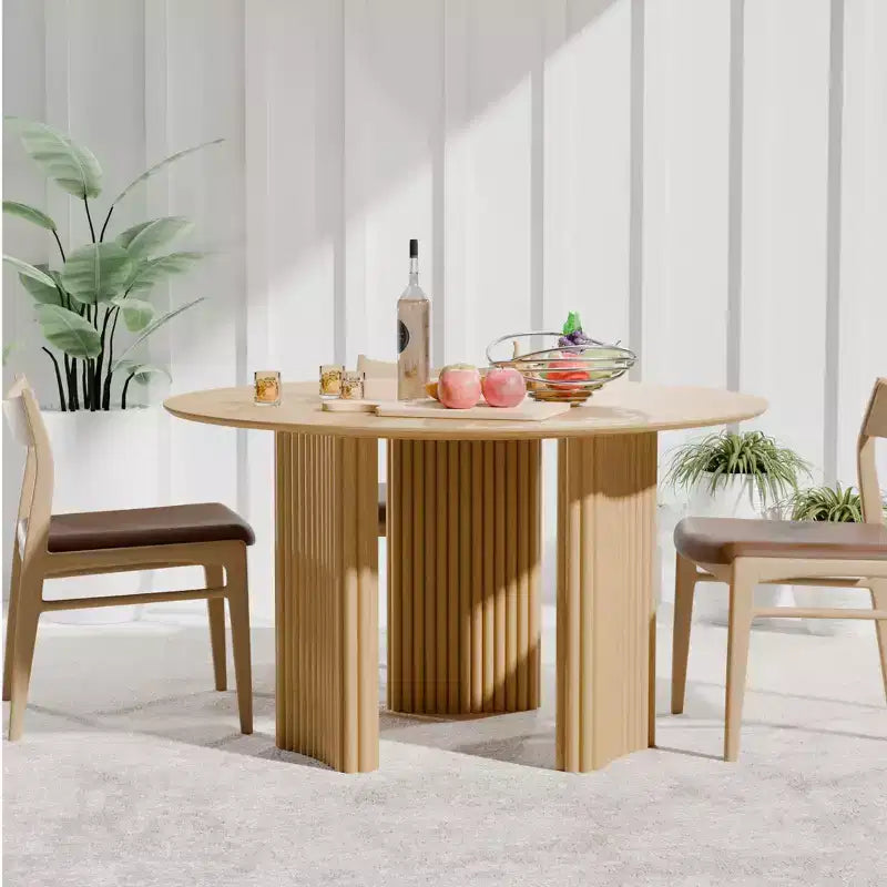 46" Round Dining Table Kitchen Table for 4 with Arc-Shaped Edge Top and Fluted Pedestal Legs, Natural
