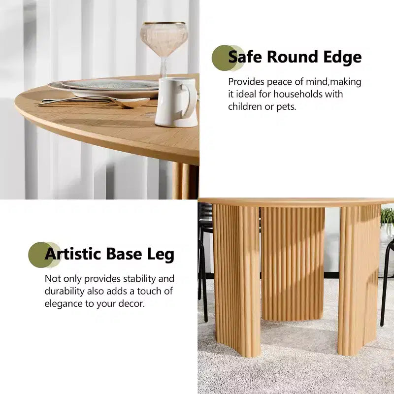 46" Round Dining Table Kitchen Table for 4 with Arc-Shaped Edge Top and Fluted Pedestal Legs, Natural