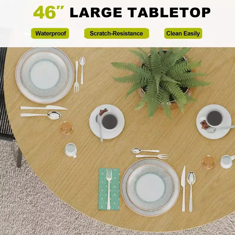 46" Round Dining Table Kitchen Table for 4 with Arc-Shaped Edge Top and Fluted Pedestal Legs, Natural