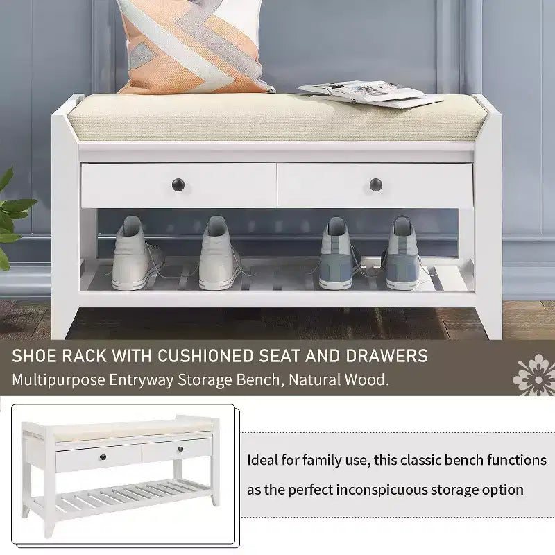 39 Storage Bench with 2 Drawers & Open Shoe Rack, Entryway Bench with Cushioned Seat