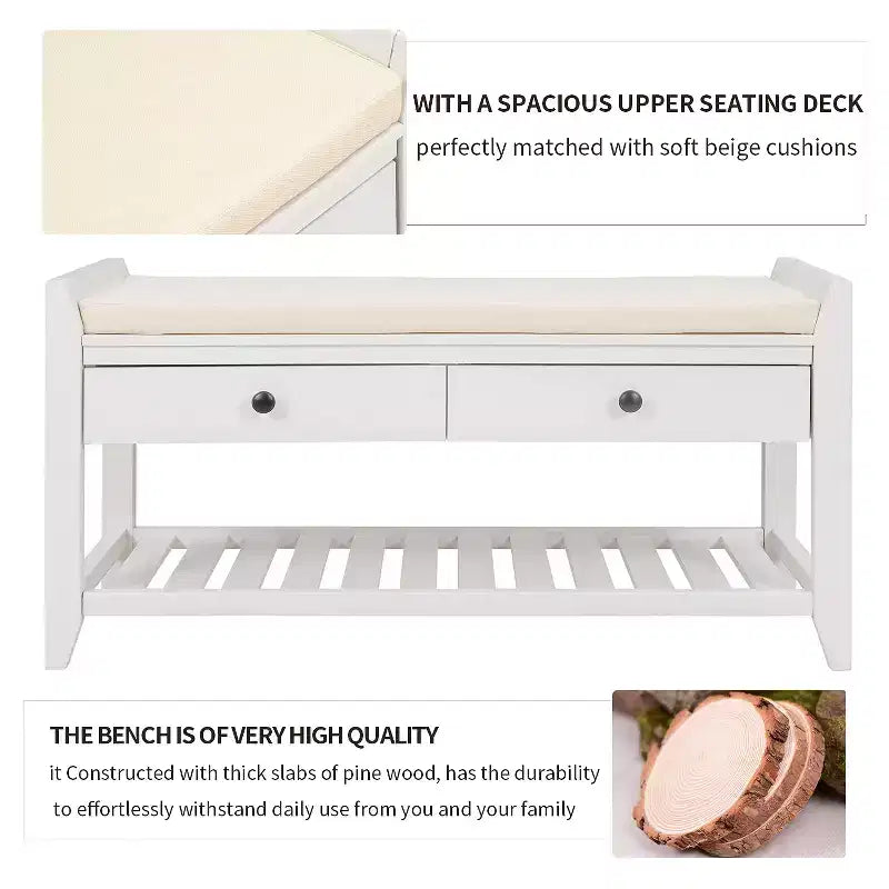 39 Storage Bench with 2 Drawers & Open Shoe Rack, Entryway Bench with Cushioned Seat