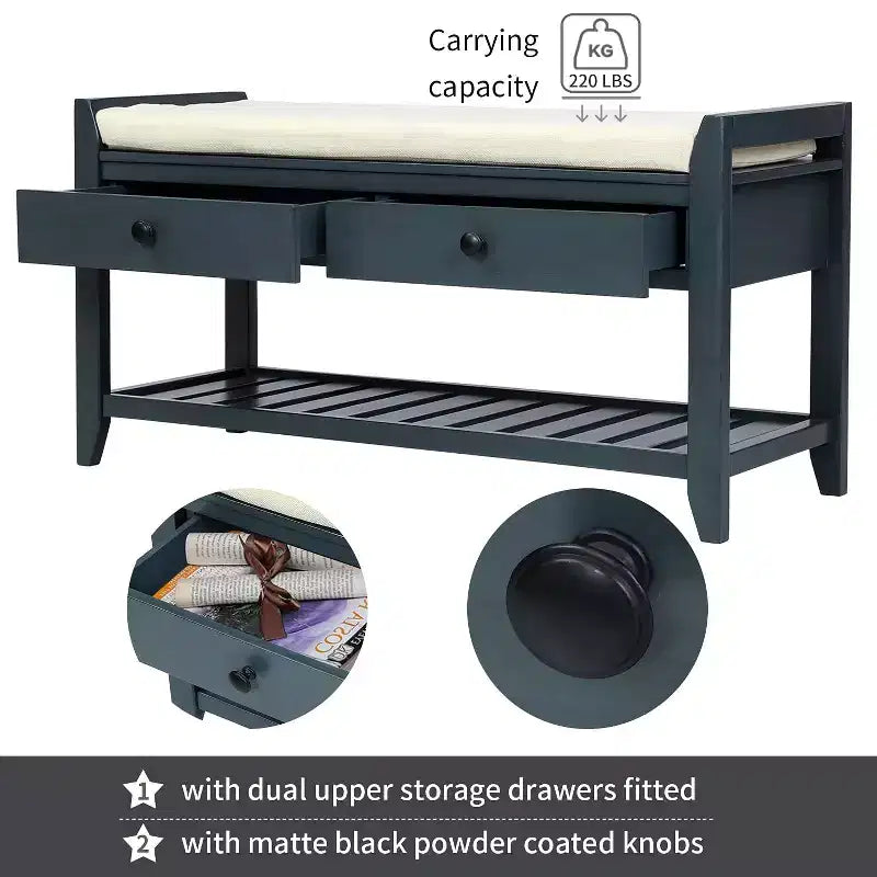 39 Storage Bench with 2 Drawers & Open Shoe Rack, Entryway Bench with Cushioned Seat