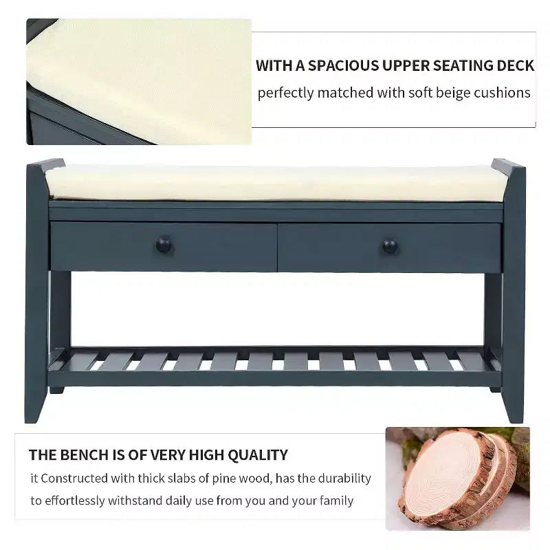 39 Storage Bench with 2 Drawers & Open Shoe Rack, Entryway Bench with Cushioned Seat