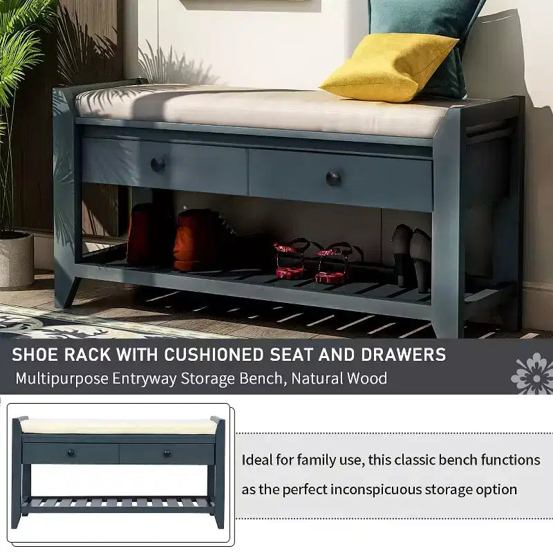 39 Storage Bench with 2 Drawers & Open Shoe Rack, Entryway Bench with Cushioned Seat