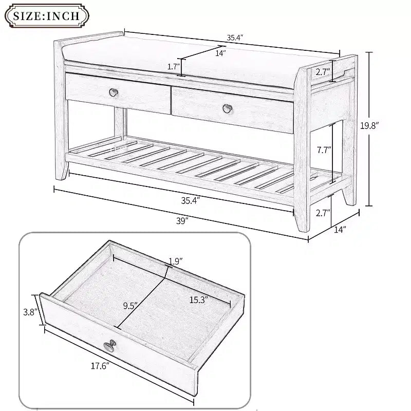 39 Storage Bench with 2 Drawers & Open Shoe Rack, Entryway Bench with Cushioned Seat