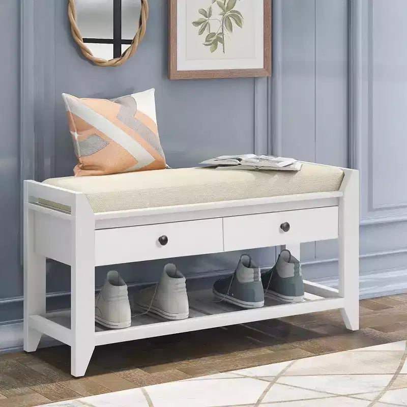 39 Storage Bench with 2 Drawers & Open Shoe Rack, Entryway Bench with Cushioned Seat