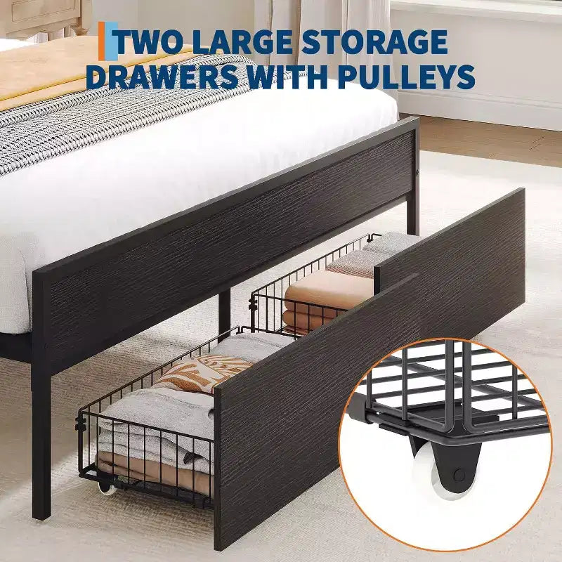 Queen Bed Frame with Storage Drawers, Upholstered Headboard, Metal Platform, Charging Station, 2-Tier Shelf, Black