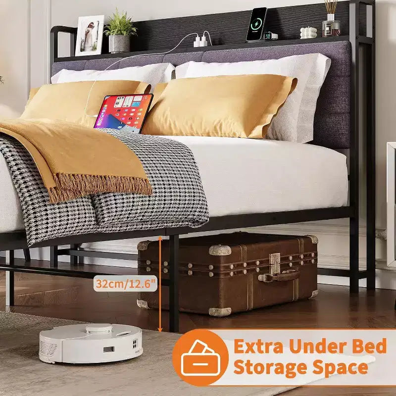 Queen Bed Frame with Storage Drawers, Upholstered Headboard, Metal Platform, Charging Station, 2-Tier Shelf, Black