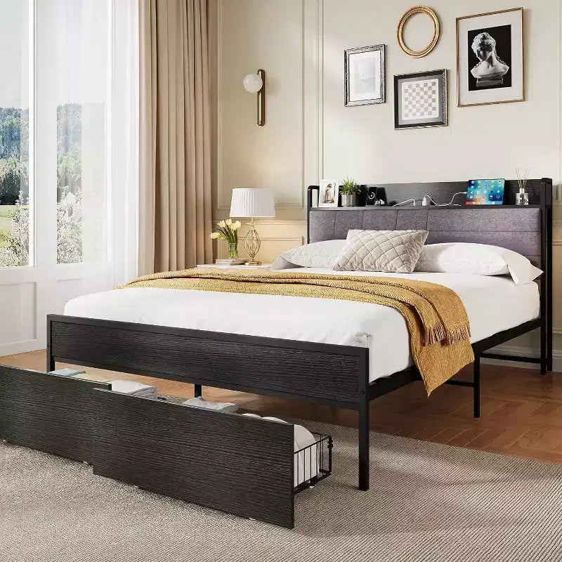 Queen Bed Frame with Storage Drawers, Upholstered Headboard, Metal Platform, Charging Station, 2-Tier Shelf, Black