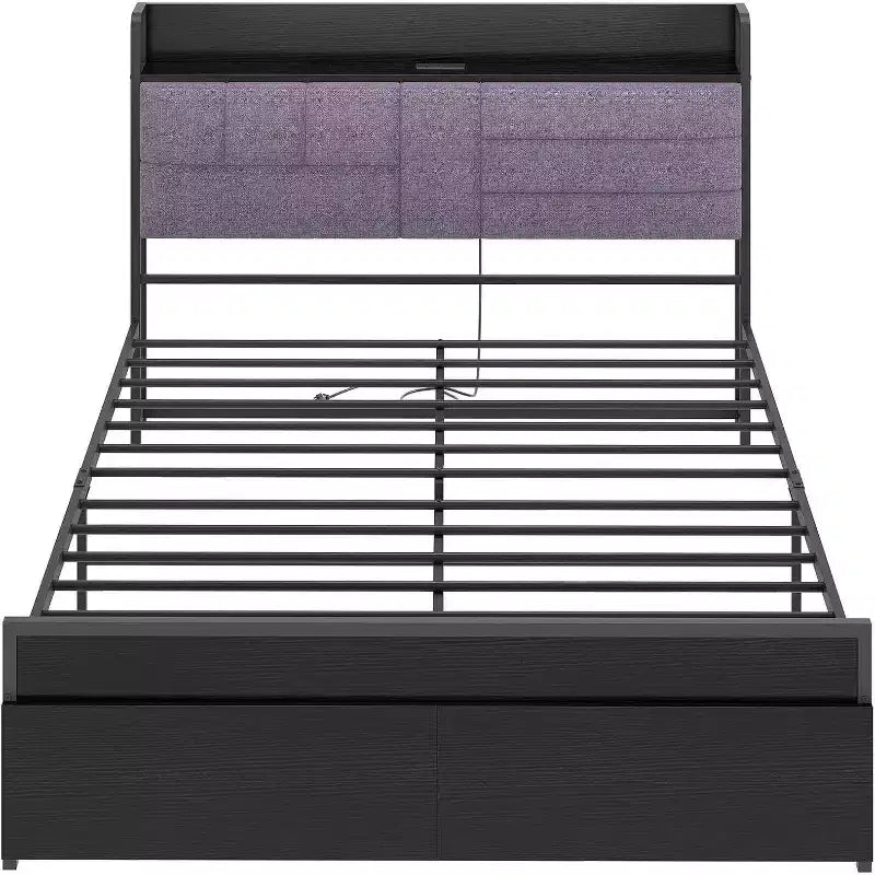 Queen Bed Frame with Storage Drawers, Upholstered Headboard, Metal Platform, Charging Station, 2-Tier Shelf, Black