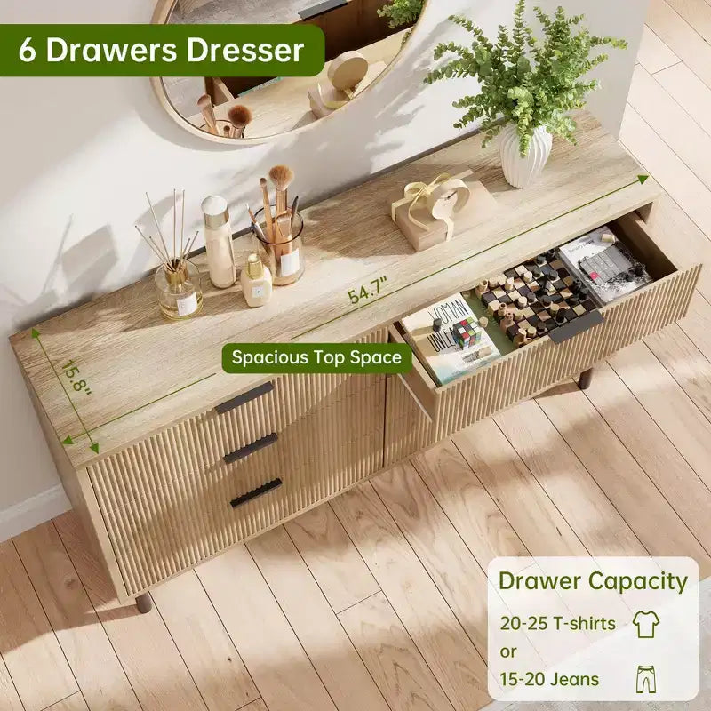 Fluted 6 Drawer Dresser, Chest of Drawers with Metal Handles and Legs, Wooden Dresser TV Stand, Clothes Storage Cabinet