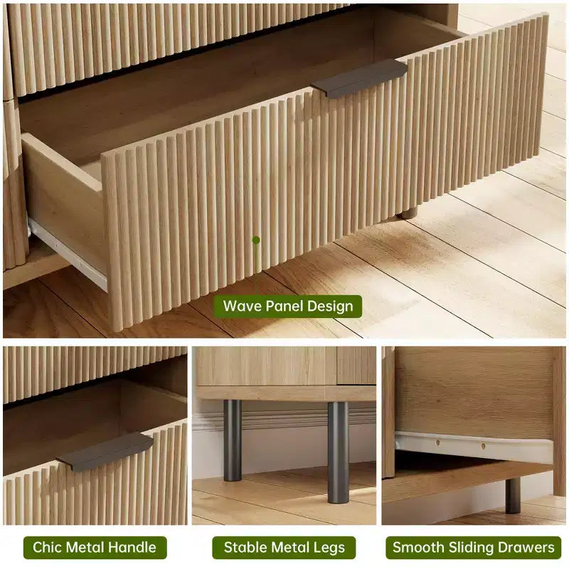 Fluted 6 Drawer Dresser, Chest of Drawers with Metal Handles and Legs, Wooden Dresser TV Stand, Clothes Storage Cabinet