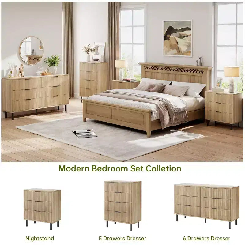 Fluted 6 Drawer Dresser, Chest of Drawers with Metal Handles and Legs, Wooden Dresser TV Stand, Clothes Storage Cabinet