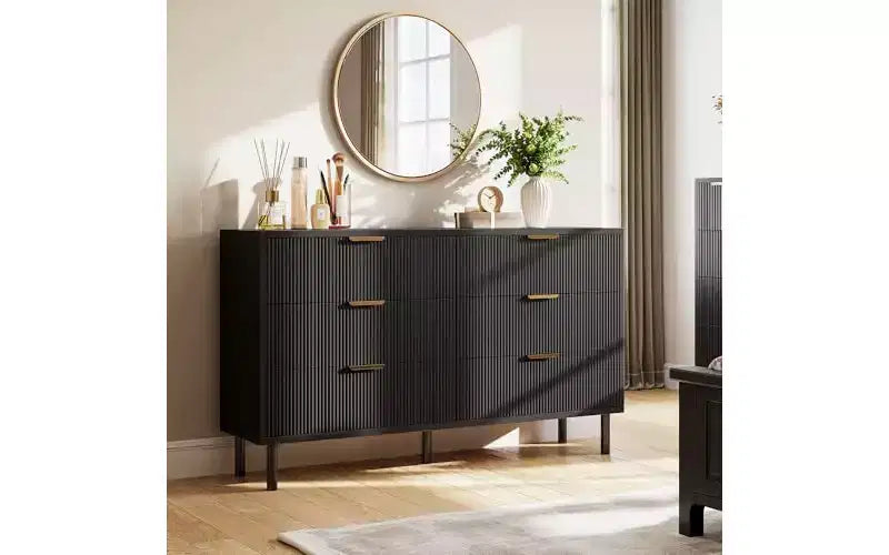 Fluted 6 Drawer Dresser, Chest of Drawers with Metal Handles and Legs, Wooden Dresser TV Stand, Clothes Storage Cabinet