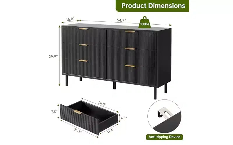 Fluted 6 Drawer Dresser, Chest of Drawers with Metal Handles and Legs, Wooden Dresser TV Stand, Clothes Storage Cabinet