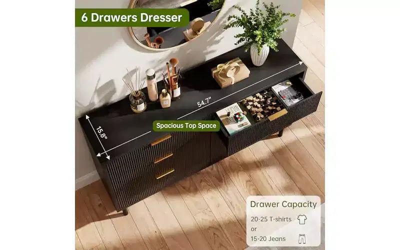 Fluted 6 Drawer Dresser, Chest of Drawers with Metal Handles and Legs, Wooden Dresser TV Stand, Clothes Storage Cabinet