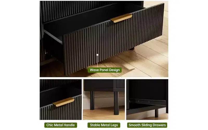 Fluted 6 Drawer Dresser, Chest of Drawers with Metal Handles and Legs, Wooden Dresser TV Stand, Clothes Storage Cabinet