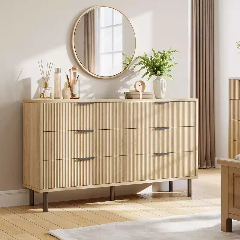 Fluted 6 Drawer Dresser, Chest of Drawers with Metal Handles and Legs, Wooden Dresser TV Stand, Clothes Storage Cabinet