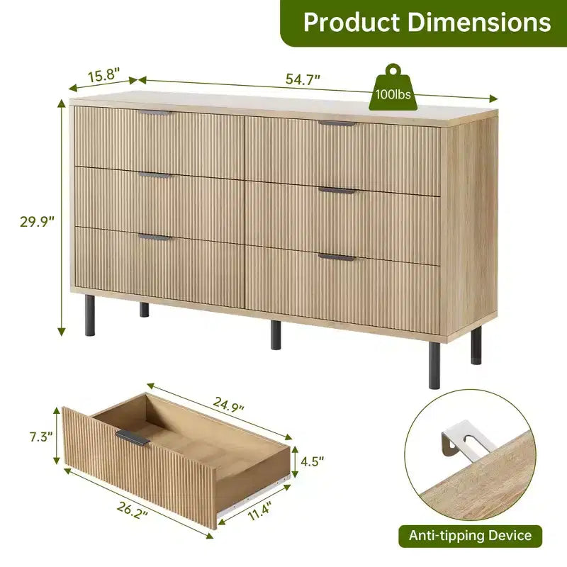 Fluted 6 Drawer Dresser, Chest of Drawers with Metal Handles and Legs, Wooden Dresser TV Stand, Clothes Storage Cabinet