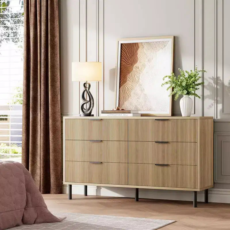 Fluted 6 Drawer Dresser, Chest of Drawers with Metal Handles and Legs, Wooden Dresser TV Stand, Clothes Storage Cabinet