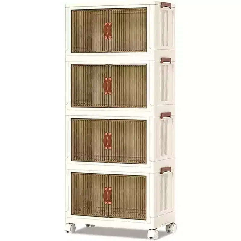 4-Tier Stackable Plastic Storage Bins with Wheels, 72QT Foldable Organizer Boxes with Translucent Doors & Magnetic Latches