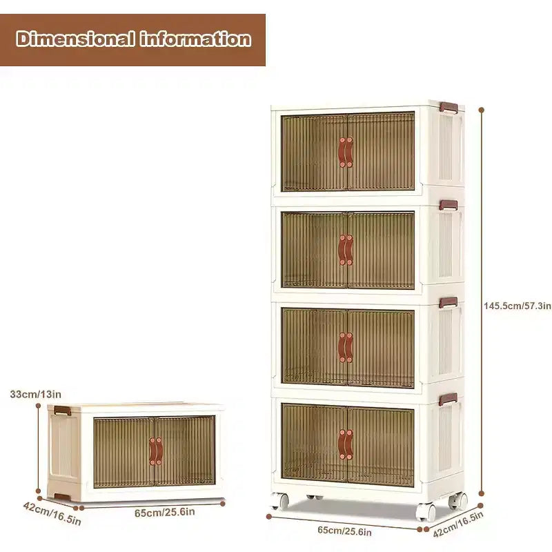 4-Tier Stackable Plastic Storage Bins with Wheels, 72QT Foldable Organizer Boxes with Translucent Doors & Magnetic Latches