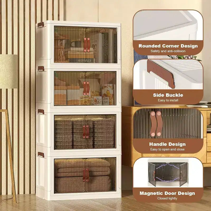 4-Tier Stackable Plastic Storage Bins with Wheels, 72QT Foldable Organizer Boxes with Translucent Doors & Magnetic Latches