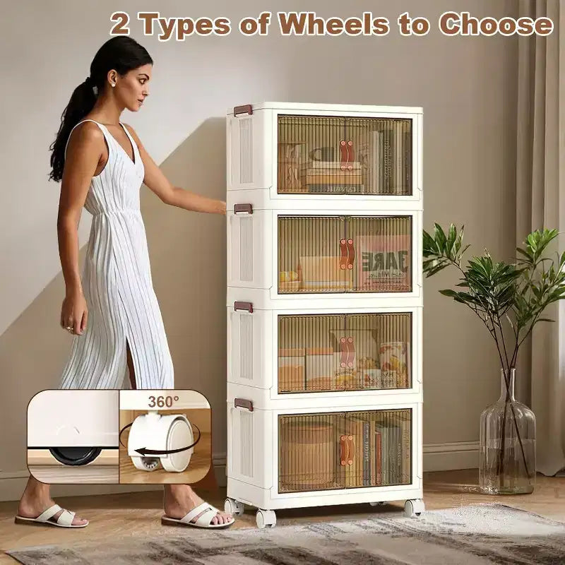 4-Tier Stackable Plastic Storage Bins with Wheels, 72QT Foldable Organizer Boxes with Translucent Doors & Magnetic Latches