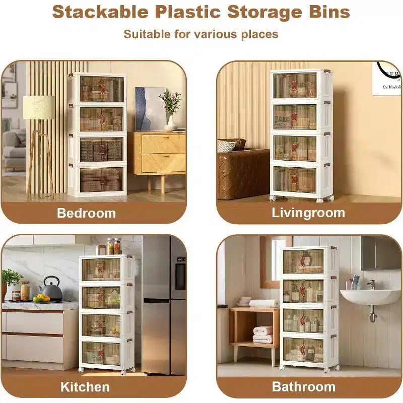 4-Tier Stackable Plastic Storage Bins with Wheels, 72QT Foldable Organizer Boxes with Translucent Doors & Magnetic Latches