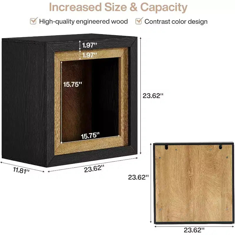 Wood End Table with Frame-Inspired Design, Rustic Cube Side Table for Living Room, Entrance, Black and Brown