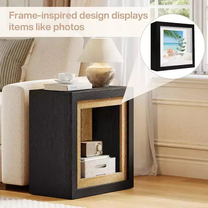 Wood End Table with Frame-Inspired Design, Rustic Cube Side Table for Living Room, Entrance, Black and Brown
