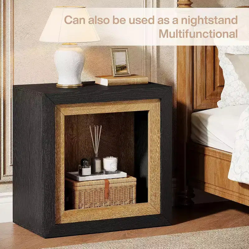 Wood End Table with Frame-Inspired Design, Rustic Cube Side Table for Living Room, Entrance, Black and Brown