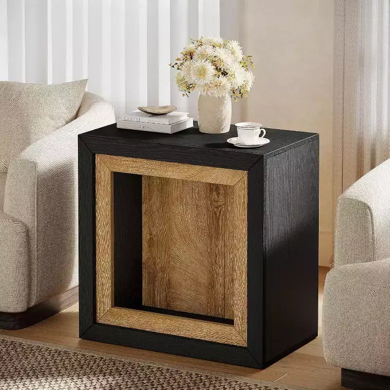 Wood End Table with Frame-Inspired Design, Rustic Cube Side Table for Living Room, Entrance, Black and Brown