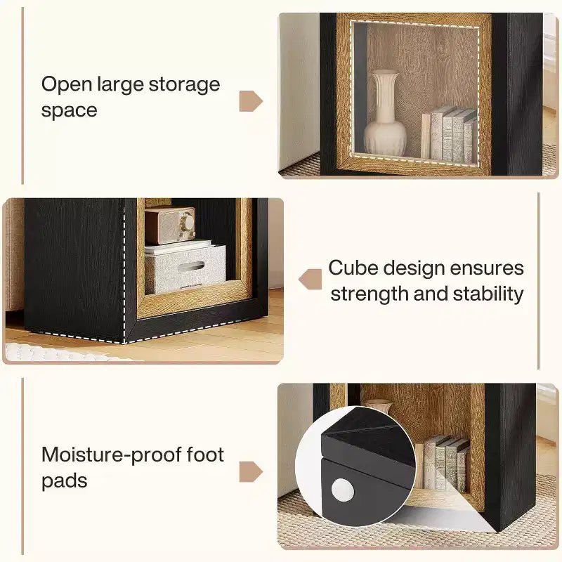 Wood End Table with Frame-Inspired Design, Rustic Cube Side Table for Living Room, Entrance, Black and Brown