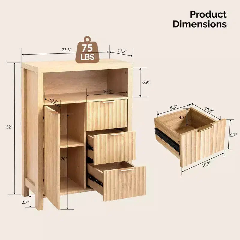 Free-Standing Cabinet Oak 3-Drawer 1-Door Bathroom Livingroom