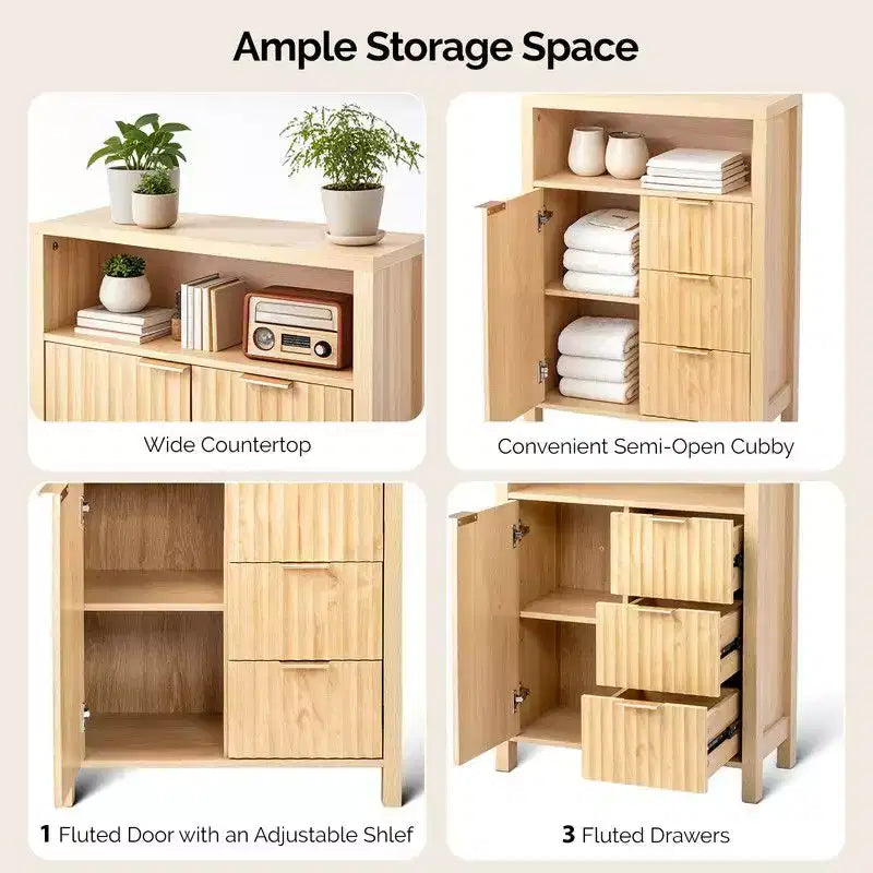Free-Standing Cabinet Oak 3-Drawer 1-Door Bathroom Livingroom