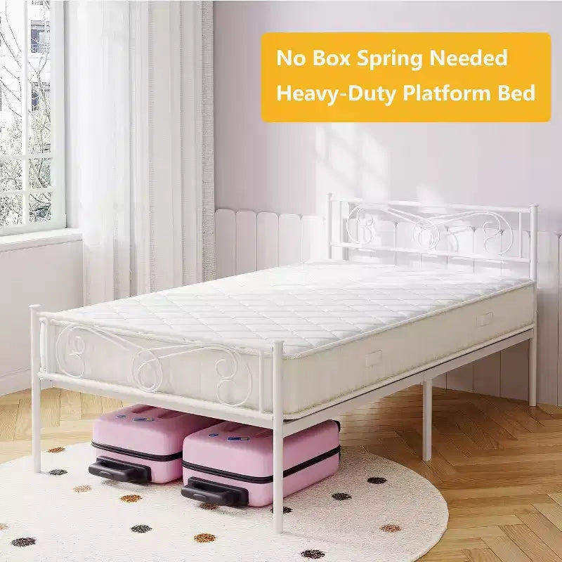 King Size Metal Bed Frame with Headboard and Steel Slat Support with 13.7 Storage No Box Spring Needed Easy Assembly