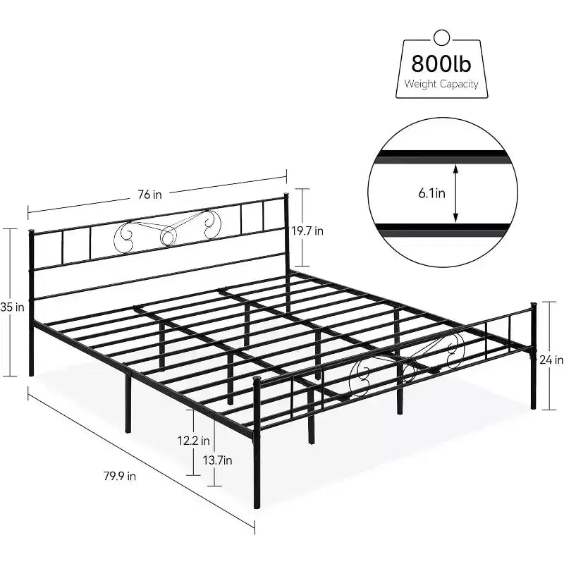 King Size Metal Bed Frame with Headboard and Steel Slat Support with 13.7 Storage No Box Spring Needed Easy Assembly